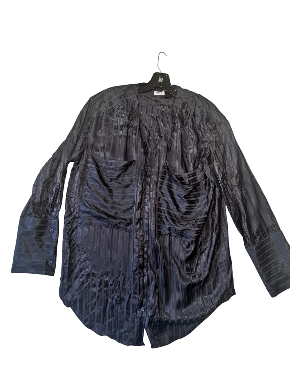Aritzia Wilfred Zelie Silk Satin Stripe Shirt V Black Buttons Blouse Long Sleeve - Picture 6 of 16